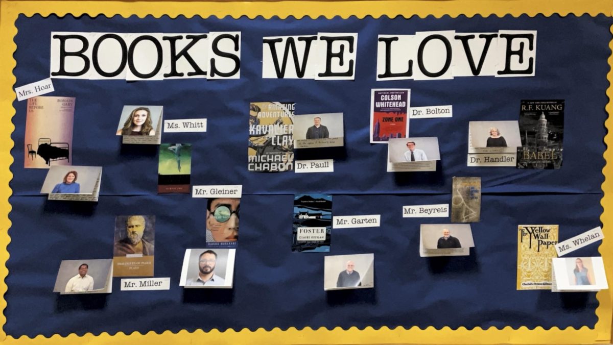 A bulletin board with members of the English Department