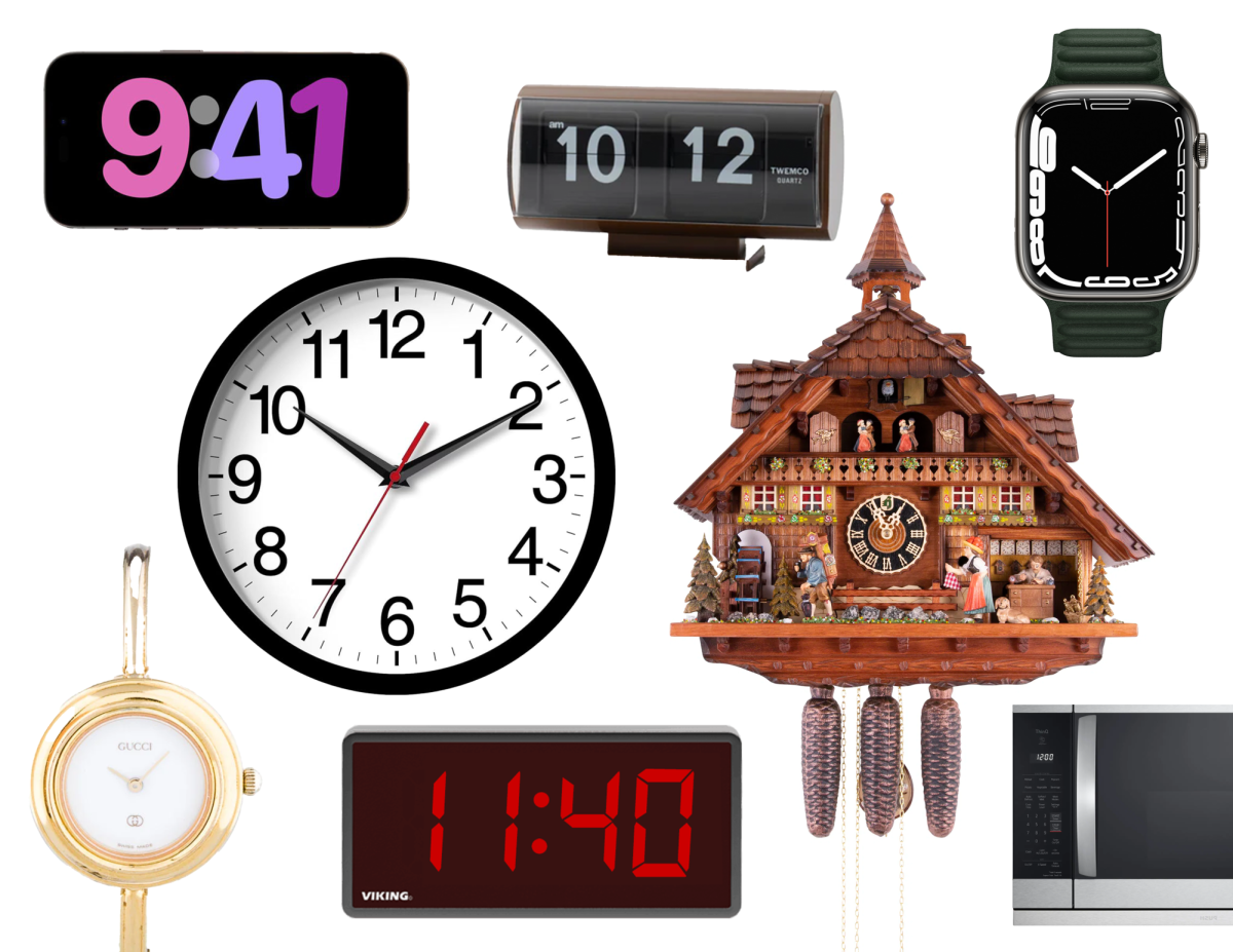 Assortment of timepieces (clock, watch, smartphone, microwave).