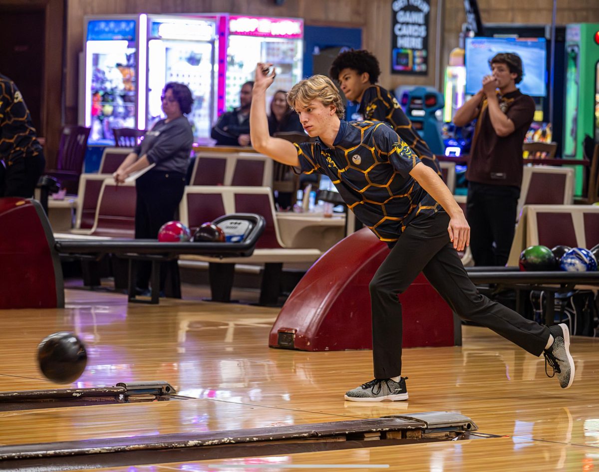 Senior Caleb Katz bowling his next strike.